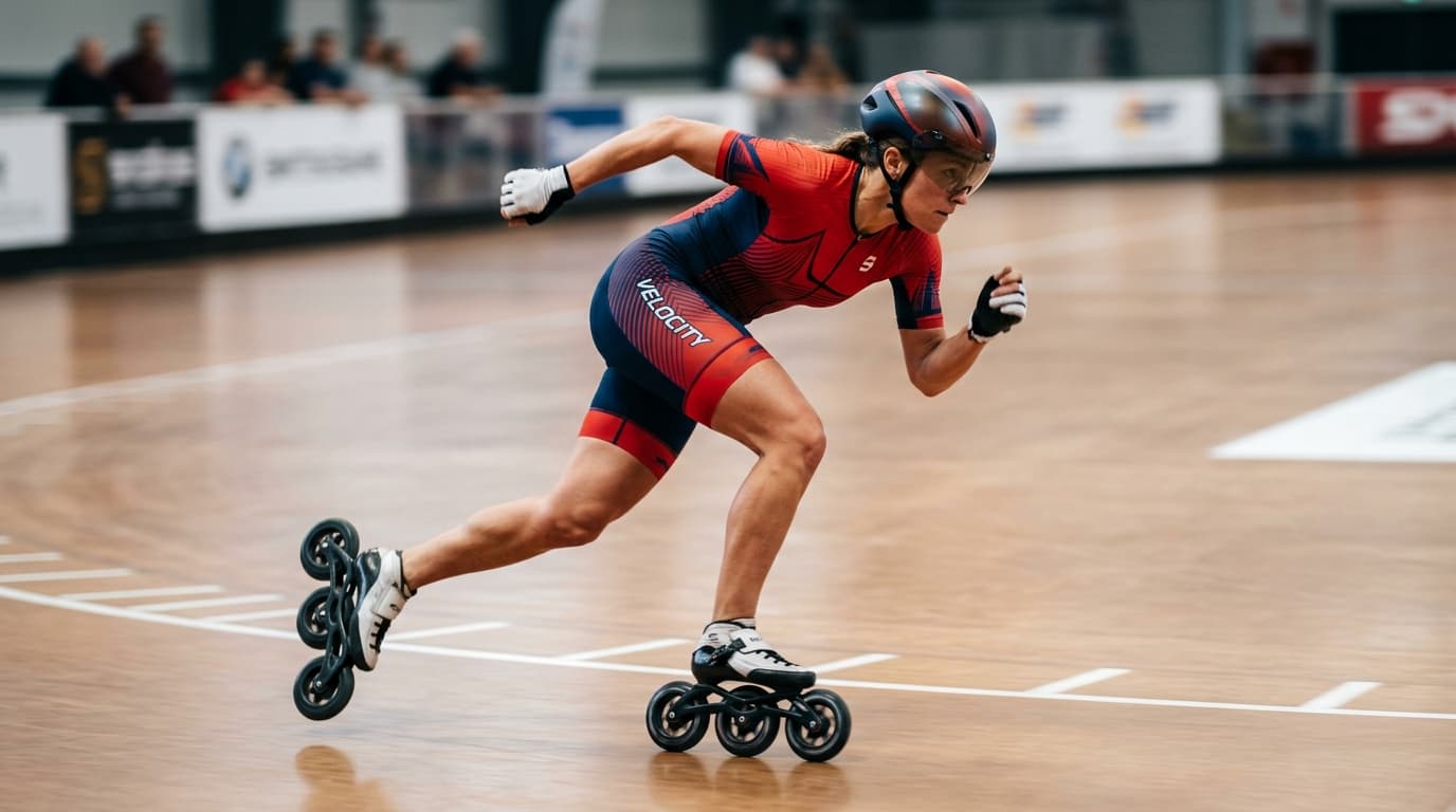 Universal Skating Academy speed athlete mid-stride sprint