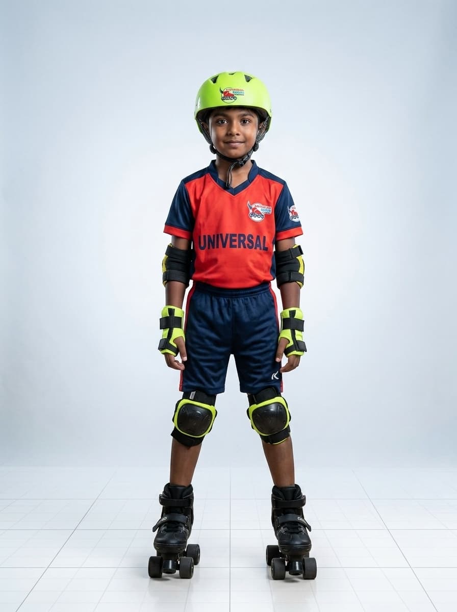 Skater student wearing complete safety gear