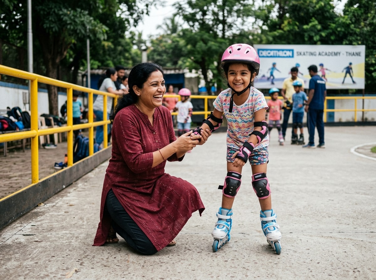 Snehal & Rajesh Kulkarni with skater child at Universal Skating Academy
