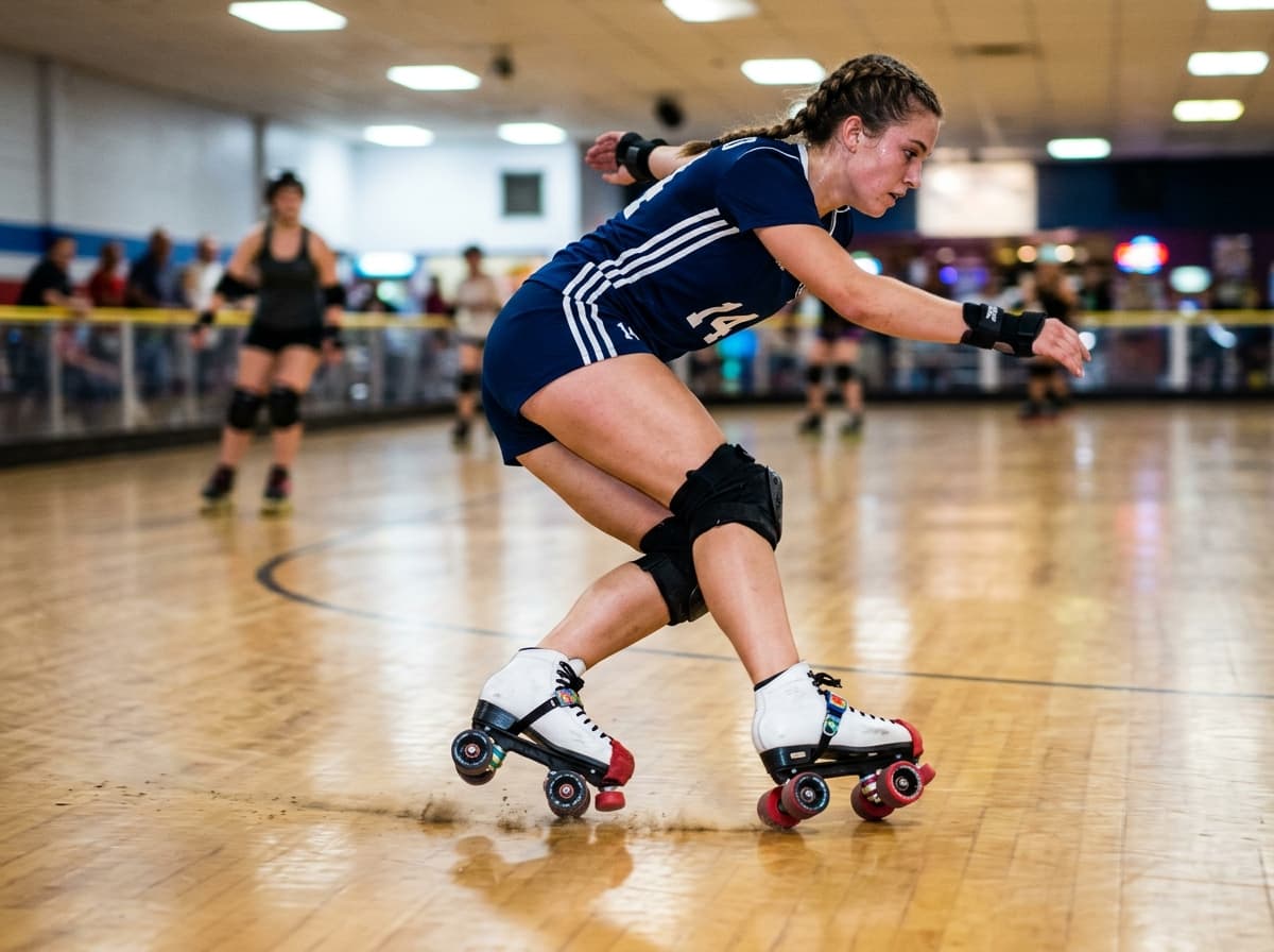 Young skater executing crossover turn on the rink