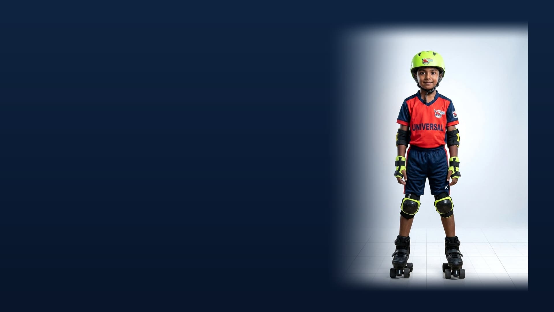 Junior skater in complete protective gear learning balance and safety technique