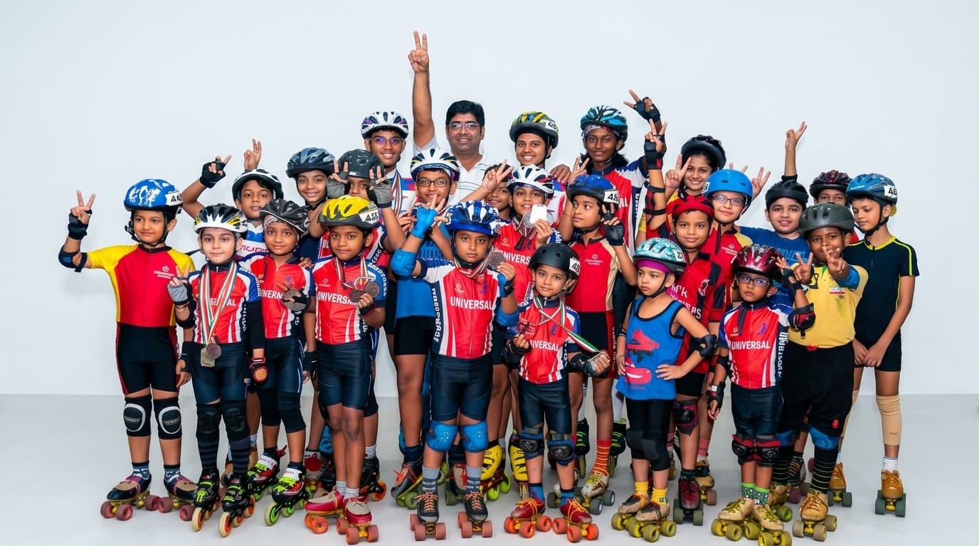 Universal Skating Academy competitive skaters and coaching team at Korum Mall Thane