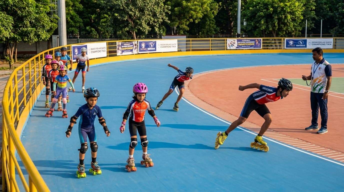 Universal Skating Academy youth skaters training on banked circuit track in Thane